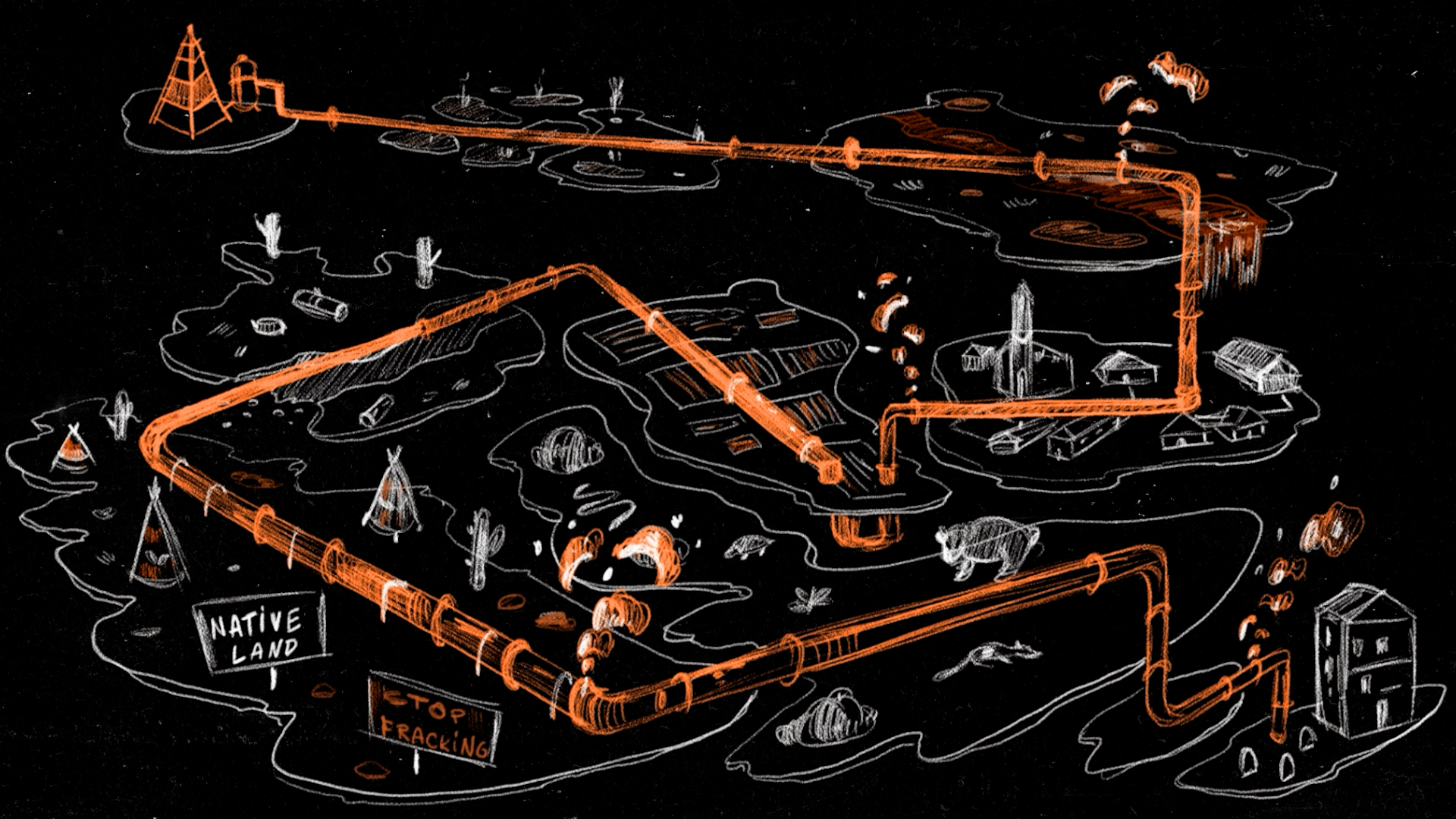 A map drawn in white and orange that reflects the damages made by a gas pipeline and the lands it covers to get to the consumers, from its extraction, crossing wetlands, small villages, farmlands, natural reserves, native lands, protected wild spaces, towards the final consumers.