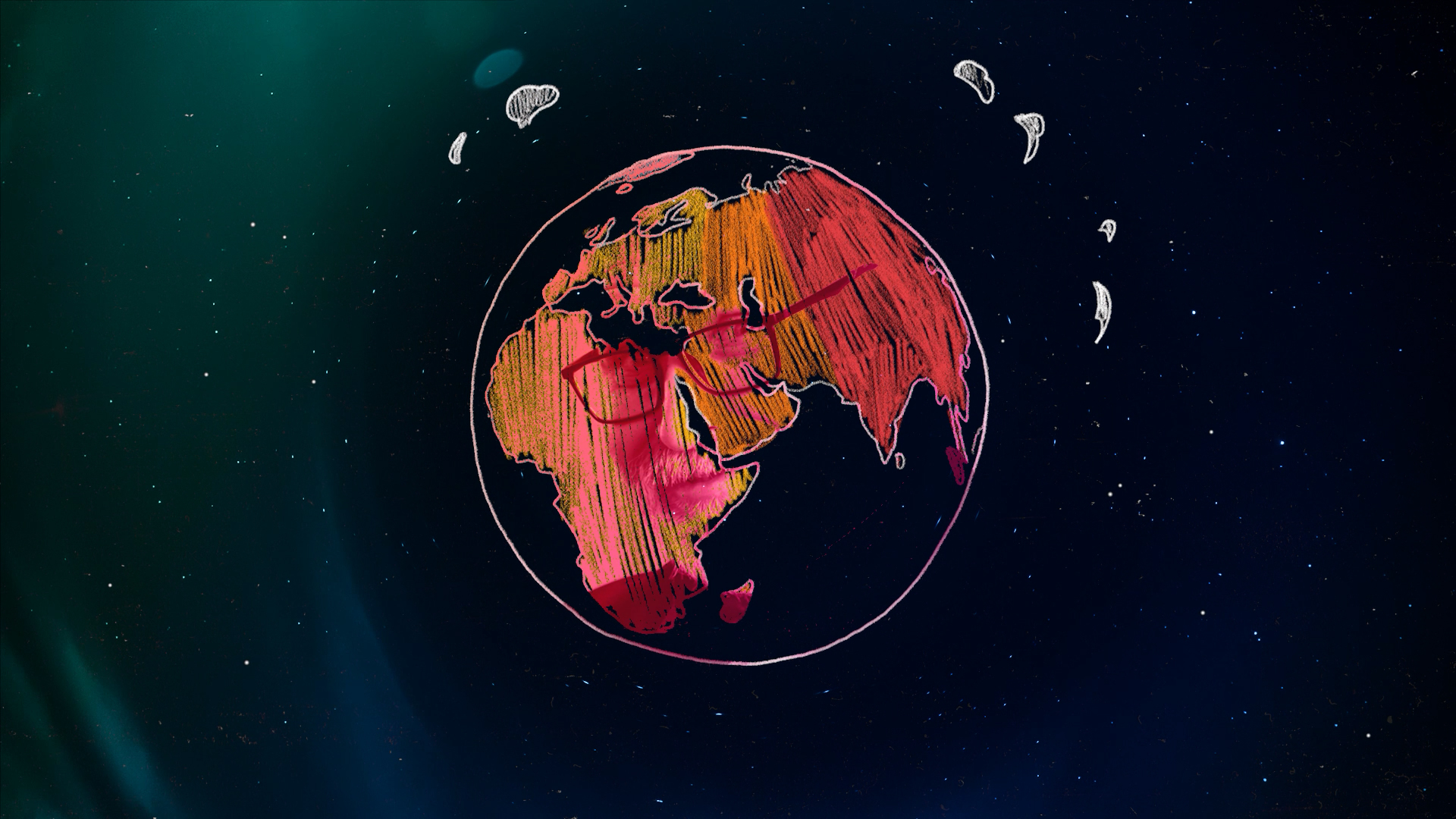 Planet Earth is seen from space, surrounded by stars and white smoke, with a view over Africa, Europe and Asia drawn in warm red and oranges, overlapping with the face of a white man with glasses, whom you’ve seen across the video as a representative of the fossil fuel company.