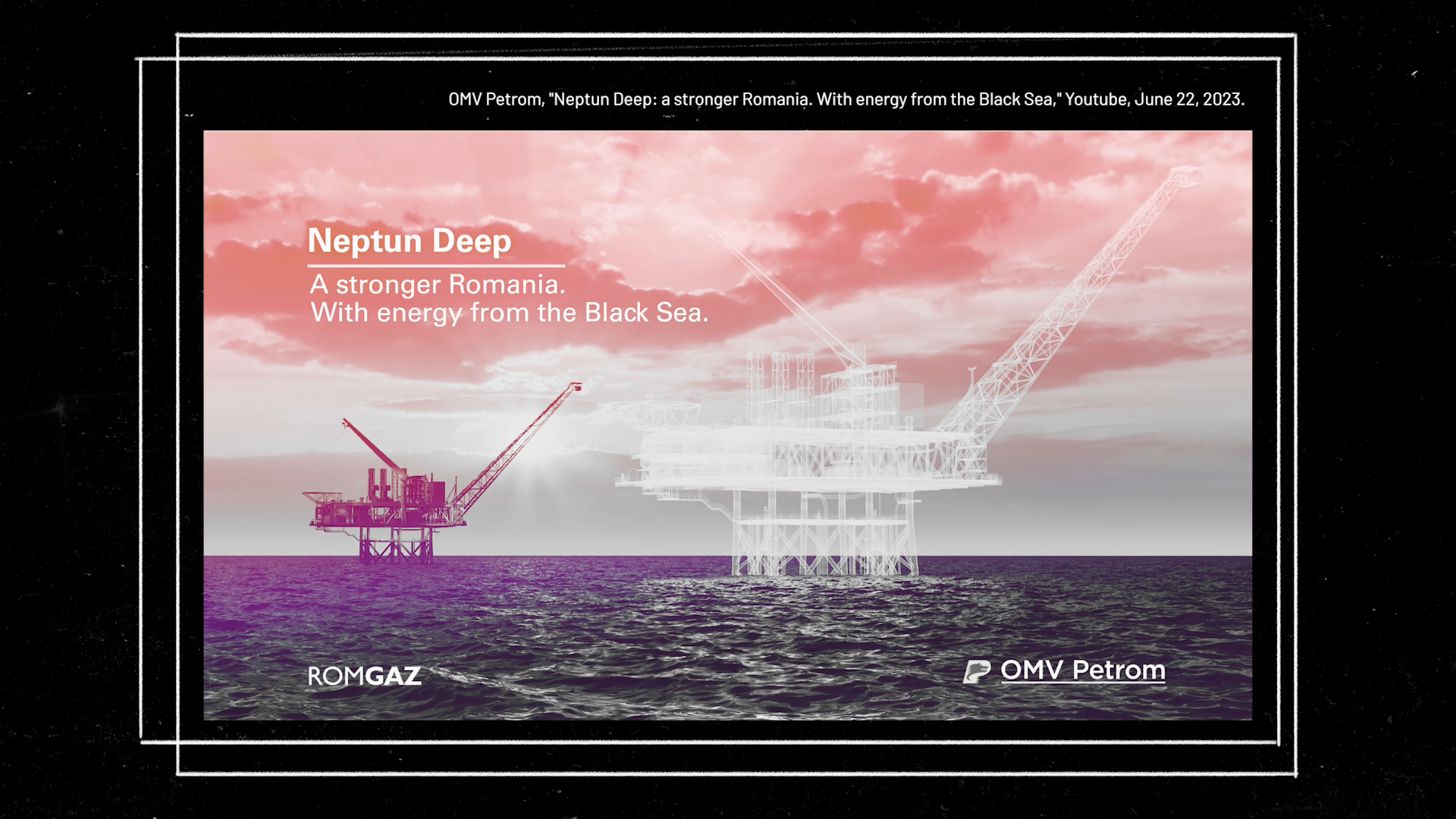 A photo with a sketch and a rendering of the Neptun Deep platform project that is going to be built in the Black Sea. It’s a shot from a commercial run by OMV Petrom and Romgaz, reading: “Neptun Deep. A stronger Romania. With energy from the Black Sea.” 