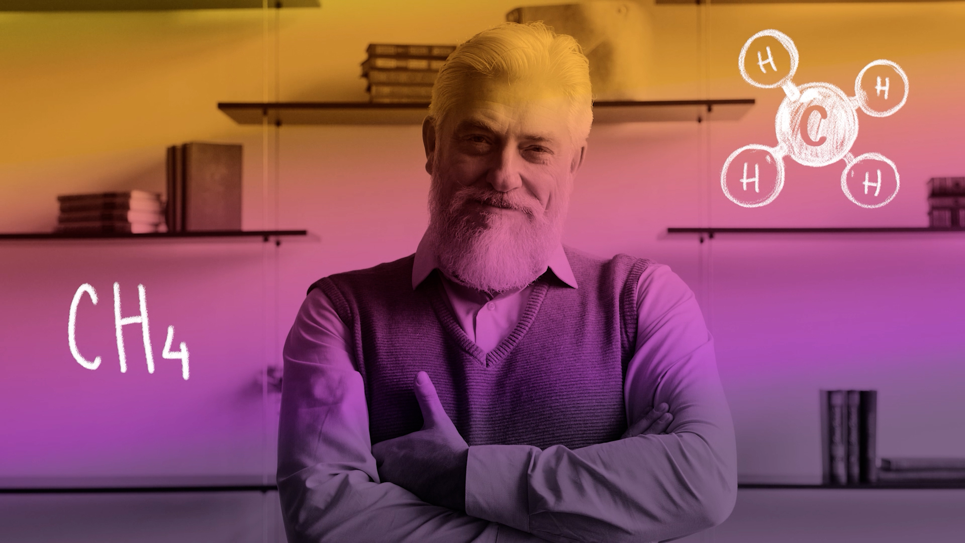 A photo with a color heat filter in the colors yellow, orange to magenta and purple, with a white person with a beard, crossed hands and a smug, confident expression. In white lines there’s the molecule of methane drawn, and its chemical name, CH4.